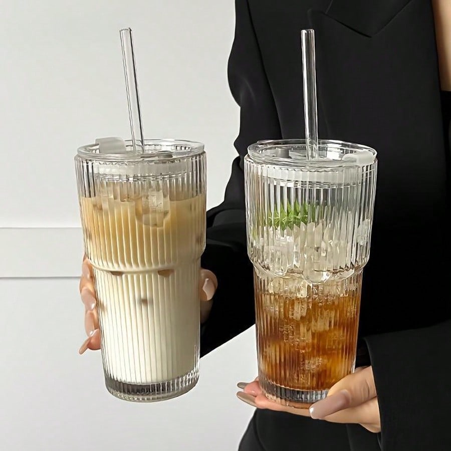 Juice Tea Coffee - 2 PCS Glass Cups With Lids